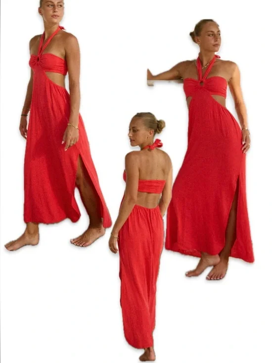 Giovanna Dress Cherry Halter Cutout Maxi Dress • Pima Cotton Dress • Size Small - Picture 14 of 14